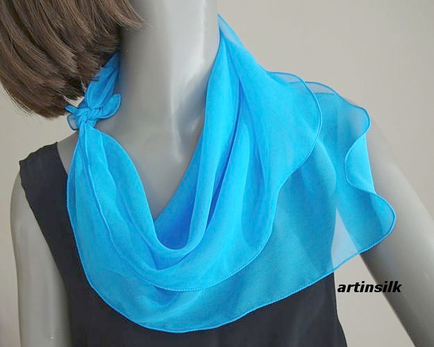 Small Turquoise Blue Silk Chiffon Neck Scarf, Small Petite Scarf for Girl 21"x21", Artinsilk