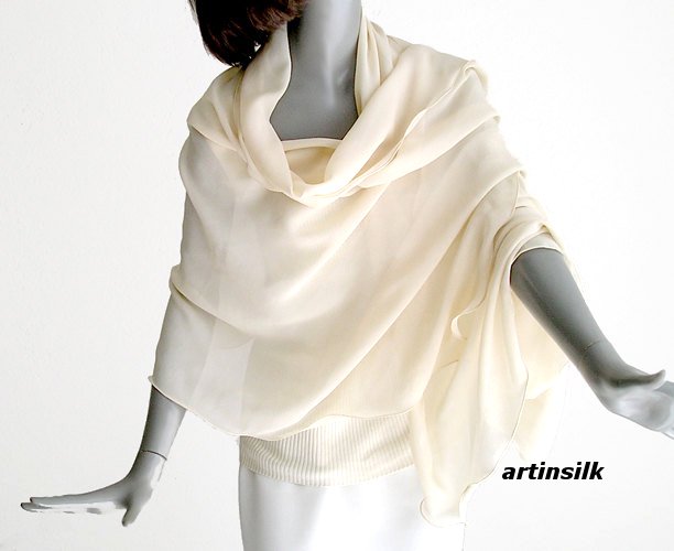 Beige Ivory Shawl Wrap Coverup Sheer Pure Silk Chiffon, Unique Hand Dyed, M L Plus X, Artinsilk