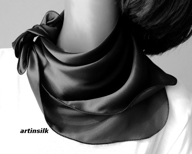 Small Silk Charmeuse Black Scarf Neck Kerchief, Artisan Handmade 21"x21", Artinsilk