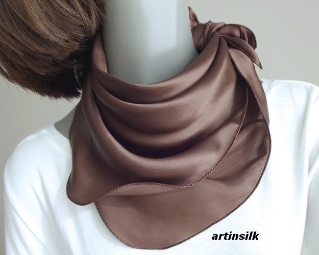 Small Silk Charmeuse Brown Scarf Neck Kerchief, Artisan Handmade 21"x21", Artinsilk