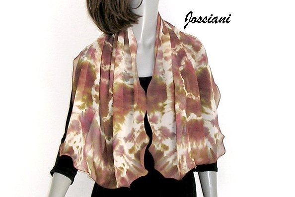 Tie Dye Earth Tones Scarf Wrap Pure Silk Chiffon, Beige Wine Brown Bronze Coverup, JOSSIANI.