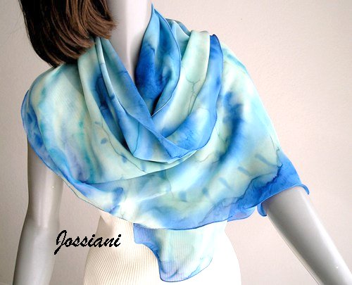 Lucite Light Blue Cerulean Coverup Scarf with Aqua Mint Sage, Hand Painted Silk, Jossiani