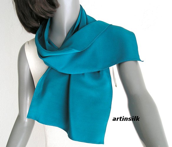 Cerulean Teal Cyan Blue Scarf Crepe Pure Silk, Small Oblong 10" x 43", Artinsilk.