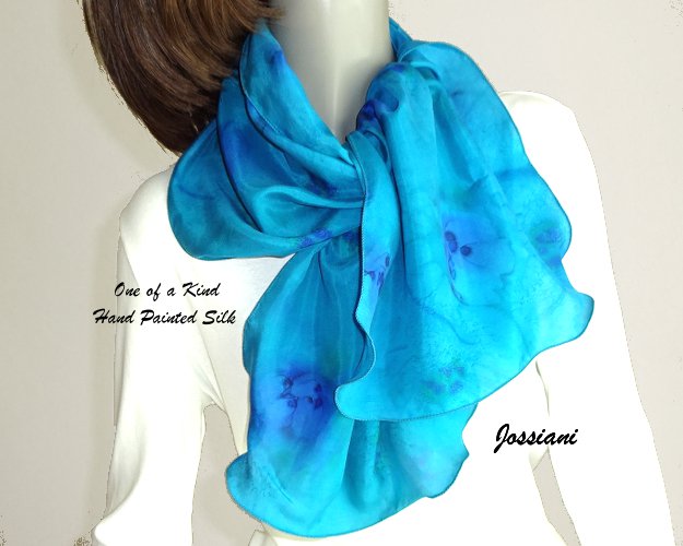 Ocean Hues Turquoise Silk Scarf, Unique Hand Painted Silk by Jossiani