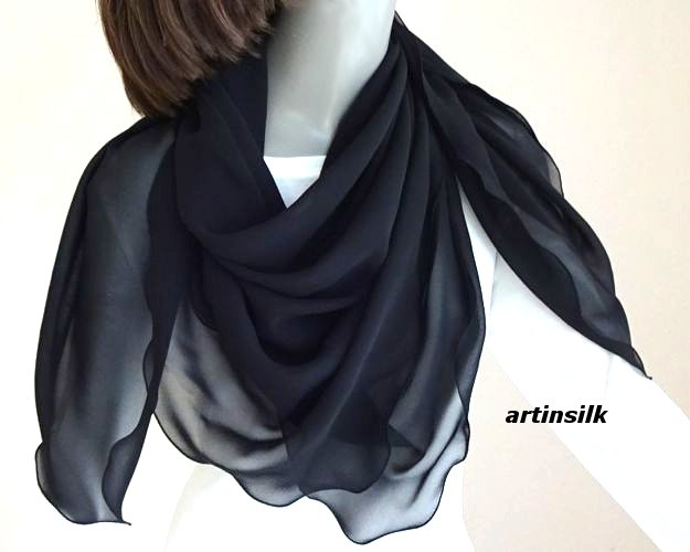 Silk Chiffon Black Square Scarf 43" x 43" 100% Pure Silk 8mm, Artisan Made, Artinsilk..