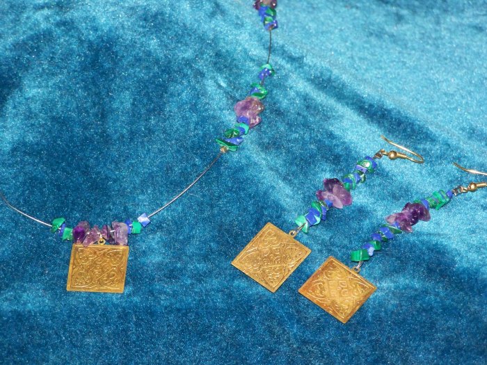 Celtic copper pendant with gem stones..set (necklace+earrings)