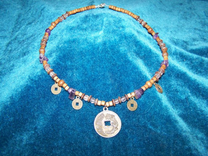 Chinese coin pendant necklace..with Amethyst & Wooden beads.