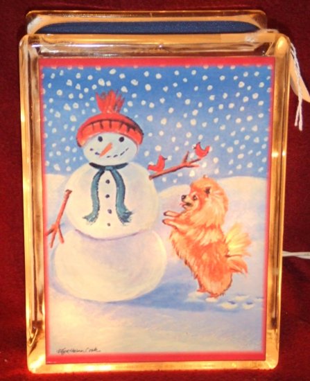 Pomeranian Christmas 6"x8" Glass Block Lamp
