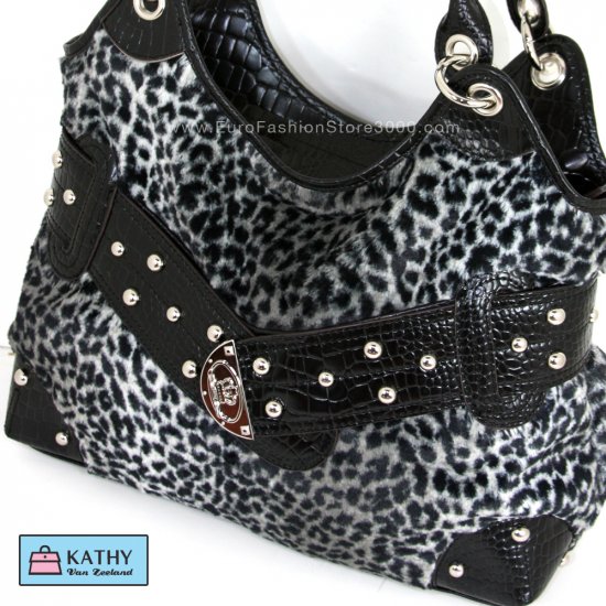 KATHY VAN ZEELAND H45410 Tote Charcoal Leopard (Fur Animal Print) Handbag