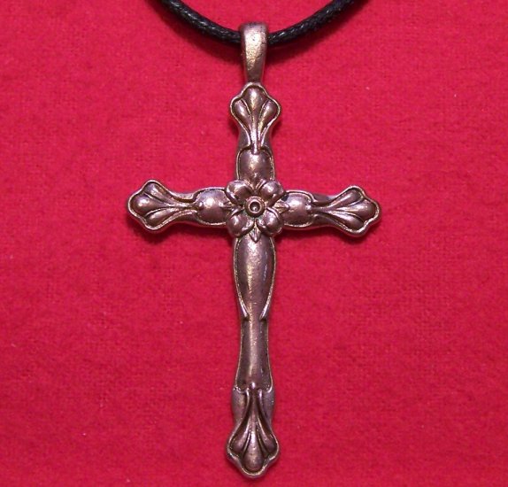 Antiqued Copper Pewter Flower Cross Pendant Necklace