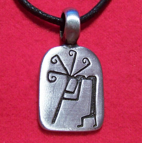 Silver Tone Pewter Kokepelli w/ Flute Rectangle Pendant