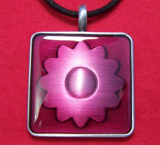 Pewter Fuchsia Flower Pattern Square Pendant Necklace