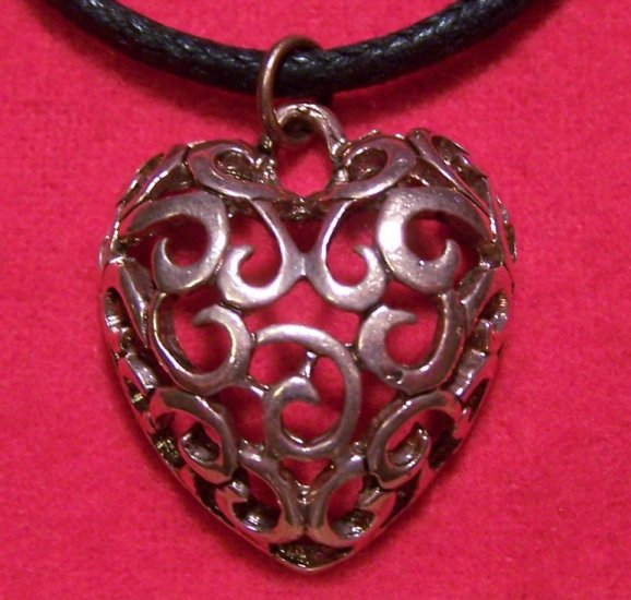 Copper Pewter Filigree Style Design Heart Pendant Necklace