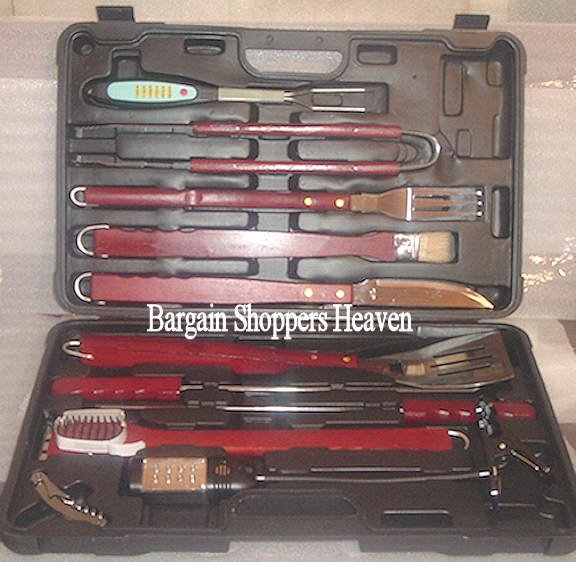 BBQ Grill Deluxe 12pc Tool Utensil Set with Portable Carrying Case NEW Cherry wood...Barbeque