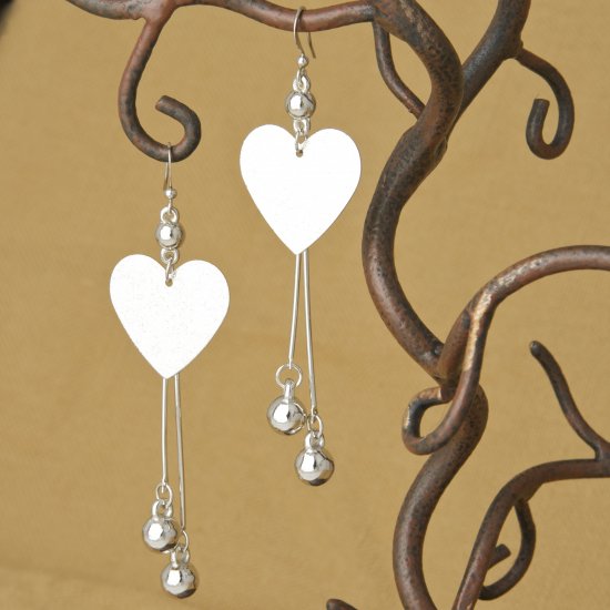 Silver Textured Heart & Ball Dangle Earrings