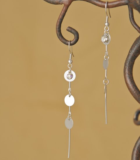 Silver Mirror Finish Circles & Crystal Rhinestone Dangle Earring