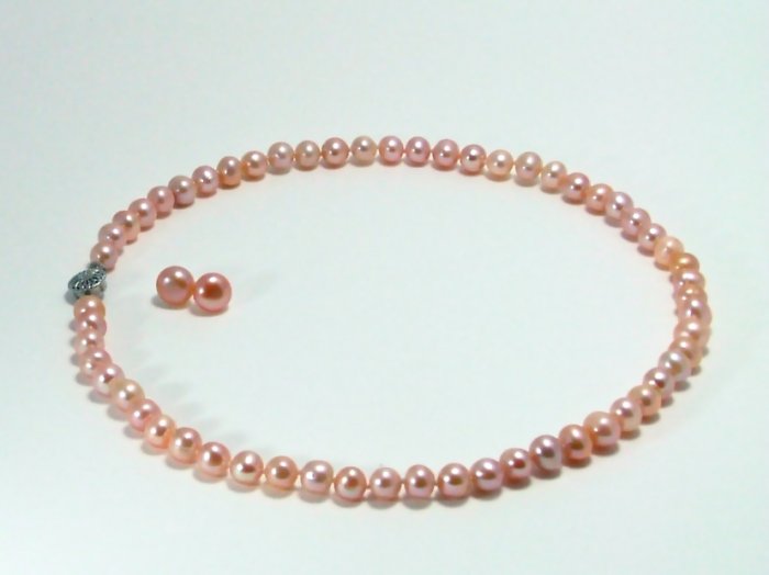 Pink Natural Freshwater Pearl 7mm Necklace & 9mm Earring Set, List $210
