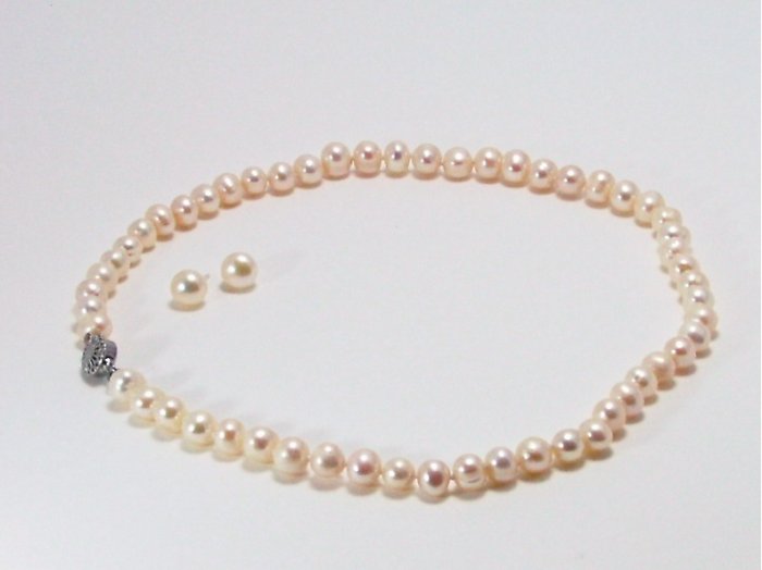 White Natural Freshwater Pearl 7mm Necklace & 8mm Earring Set, List $190