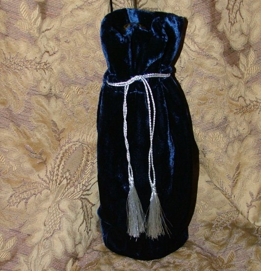 Reusable Velvet Wine Gift Bag - Blue with Silver tassel 6" x 14"