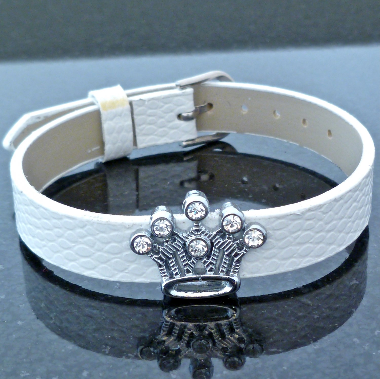 Crown Rhinestone Slide Charm White Belt Buckle Style Bracelet