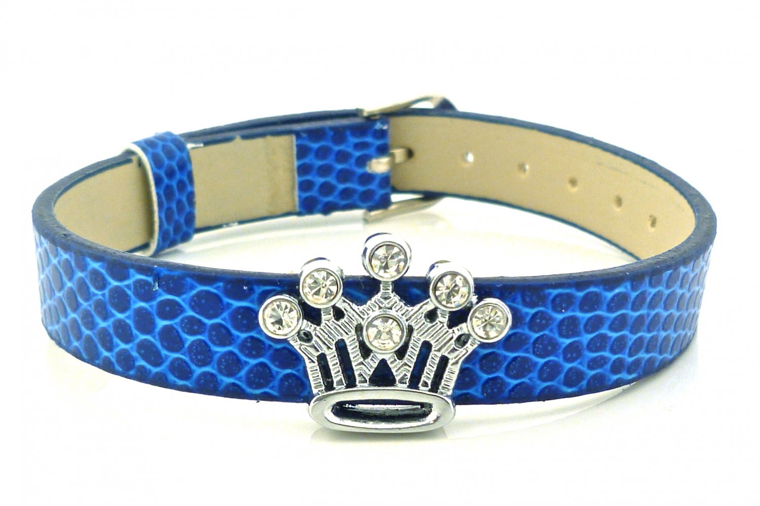 Crown Rhinestone Slide Charm Light Navy Blue Belt Buckle Style Bracelet