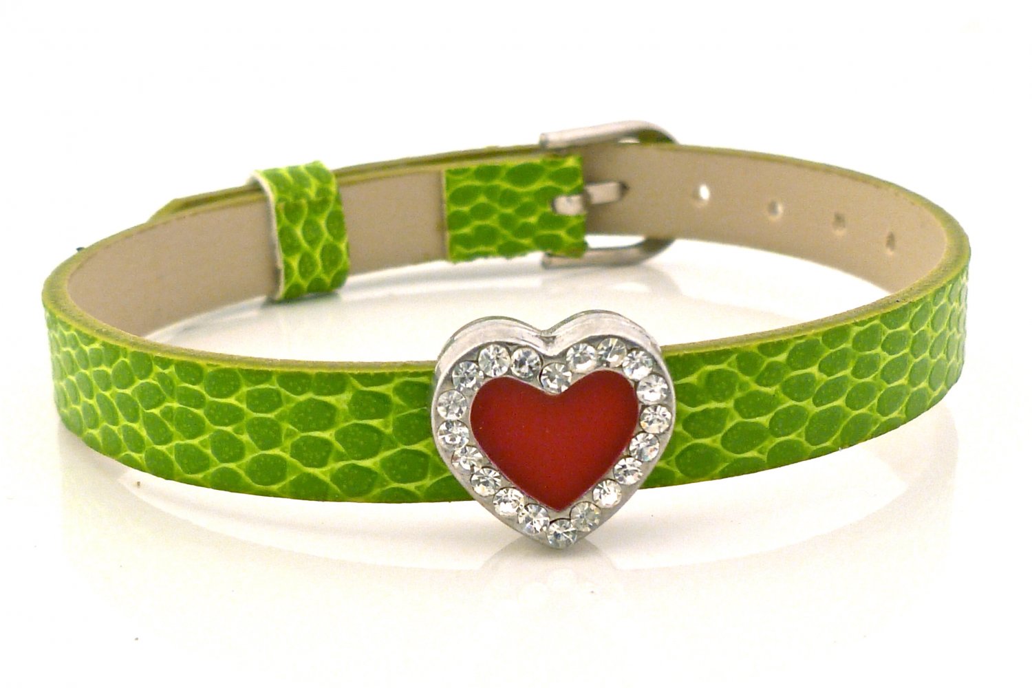 Heart Rhinestone Belt Buckle Style Slide Charm Bracelet - Moss Green
