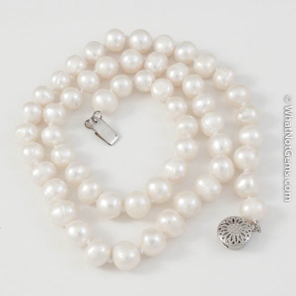White Natural Freshwater Pearl Necklace, Princess Length, Double Knotted 7mm