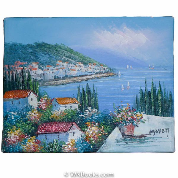 Colorful Mediterranean Seaside Town Painting with Many Cypress