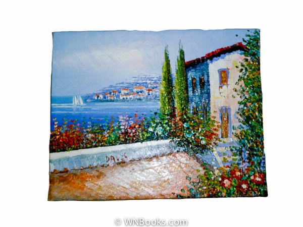 Colorful Mediterranean Seaside Painting with Cypress