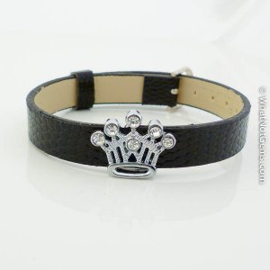 Crown Rhinestone Slide Charm Black Belt Buckle Style Bracelet