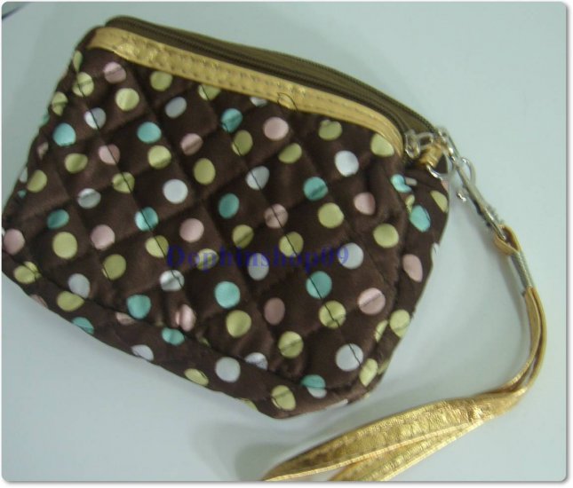Brown Colorful Dot Cosmetic Coin Bag Purse w/ Strap