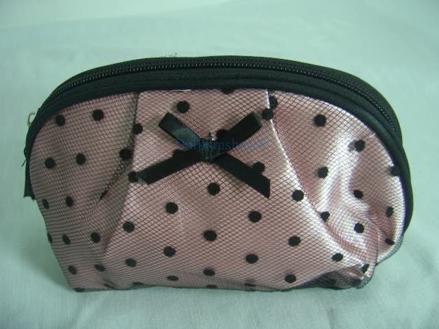 Pink Black Dot Lace Make Up Cosmetic Bag w/ Mirror