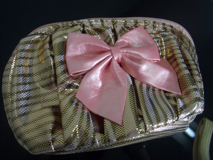 Shining Gold Pink Ribbon Make Up Cosmetic Bag