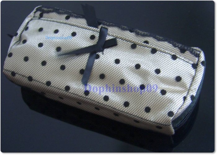 Beige Black Dot Lace Make Up Cosmetic Bag w/ Mirror