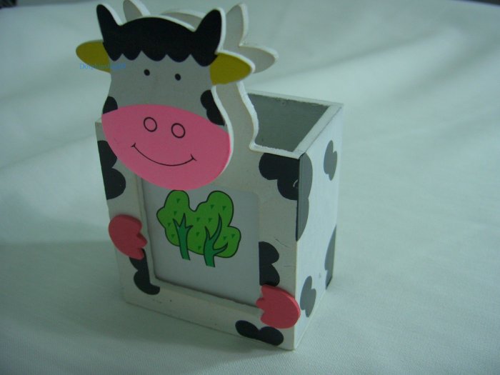 Wooden Cartoon Cow Pen and Pencil Holder Memo Clip Photo Frame 3 in 1