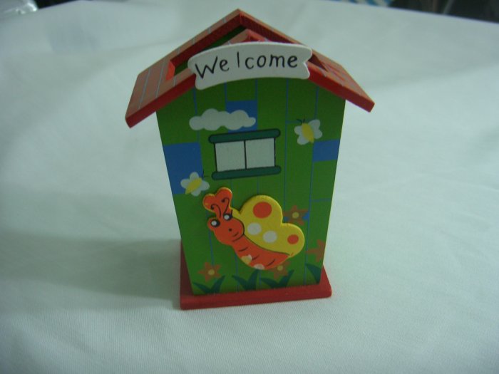 Wooden Red Cartoon House and Beetle Pen and Pencil Holder
