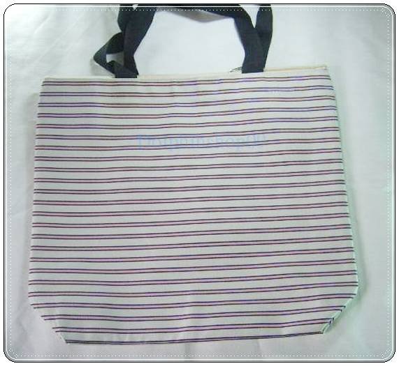 Beige Pink Strip Canvas Shopping Eco Tote Bag
