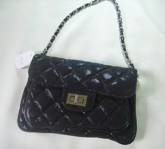 Black Patent Leather Evening Shoulder Hand Bag w/ Long Chain