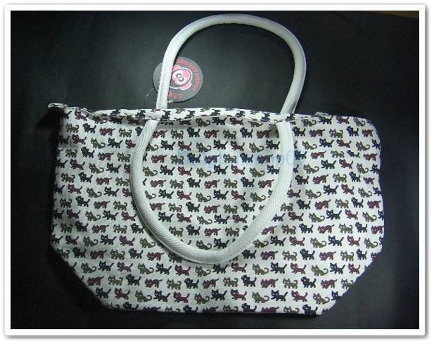 White Colorful Cat Canvas Shoulder School Tote Bag w/ Pouch