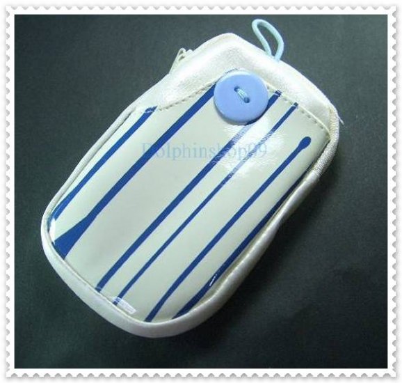 Beige Blue Strip Cell Phone Bag Button Case Pouch w/ Strap