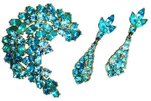 Turquoise Blue Rhinestone Brooch & Earrings Set