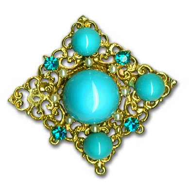 Goldtone Brooch with Turquoise & Pearls