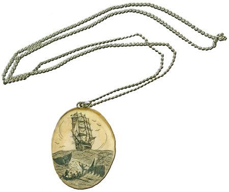 Large Oval Scrimshaw Pendant with Chain