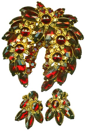 Ruby Crystal Brooch & Earrings Set