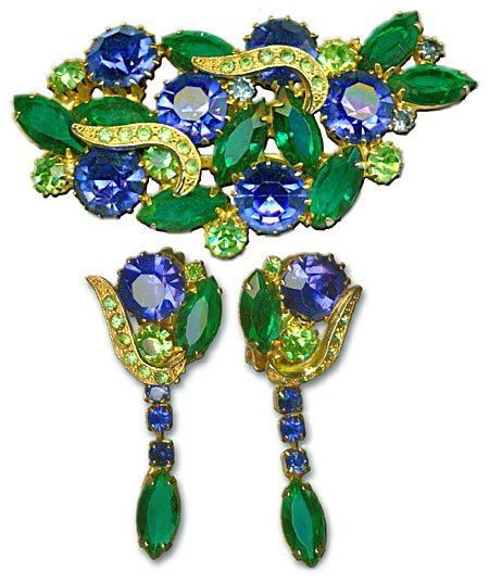 Blue And Green Brooch & Earrings Set