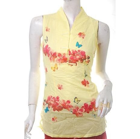 latest runway trend butterflies floral print yellow orientalism top free ship!