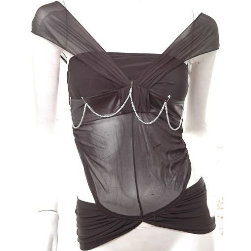 GOTHIC GOTH SLASH CHAINS HAUTE RUCHED BIKER SHEER DRAPED BANDAGE TOP S 80S FREE SHIP!