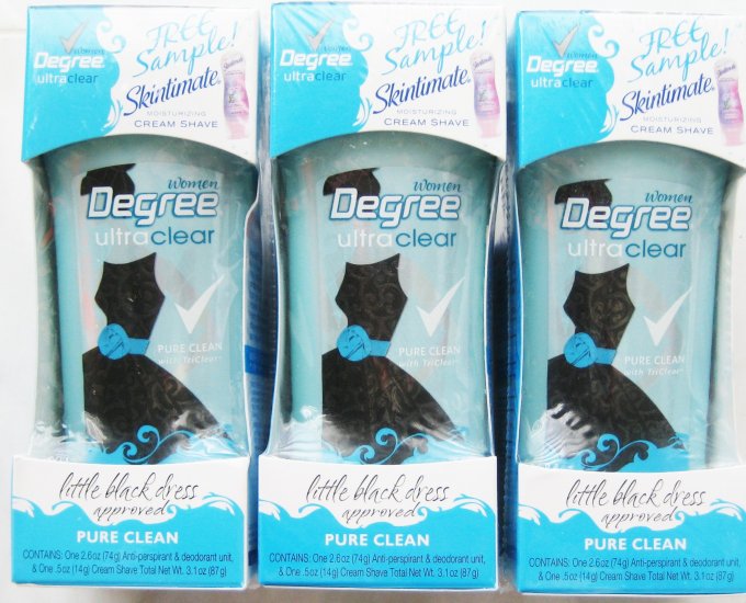 Lot of 3 Degree UltraClear Pure Clean Anti-Perspirant Deodorant w/ Free Skintimate Shaving Cream