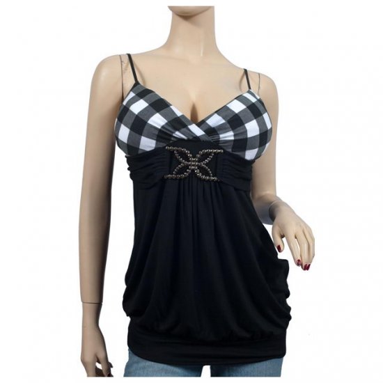 Checker Print Empire Waist Plus Size Top 2X