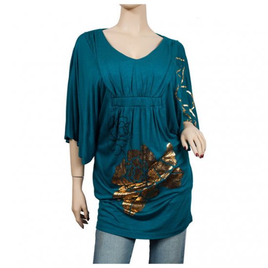 Teal Kimono sleeve Floral print Plus size top 2X